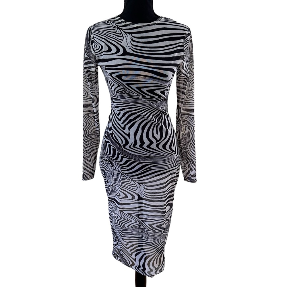 Women’s Sheer Long Sleeve Bodycon Zebra Print Dress Black & White Size S NWOT - Picture 8 of 11